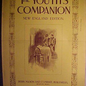 May include: The cover of The Youth's Companion, a magazine published in December 1907. The cover features a black and white illustration of a room with a table and chairs, and two people standing near the table. The text "The Youth's Companion" is printed in red and black letters at the top of the cover. The text "New England Edition" is printed in black letters below the title. The text "Pedy Mason and Company, Publishers, Boston, Mass" is printed in black letters at the bottom of the cover.