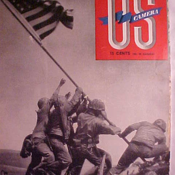 May 1945 U. S. Camera Magazine American Flag WWII Cover Art by Joe Rosenthal, has 62 pages of ads & articles, Patriotic Decor