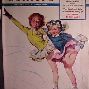 May include: A vintage Collier's magazine cover from January 3, 1923, featuring an illustration of two girls ice skating. The cover text reads "African Safari, Robert Ruark Shoots a Lion, How to Spot a Rare Rocker, Von Rundstedt Tells The German Story of The Battle of the Bulge."