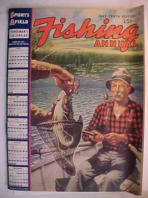 1943 Sports Afield Fishing Annual Magazine Cover Art by Walter Haskell  Hinton, Vintage Hunting Magazine With 98 Pages of Ads & Articles 