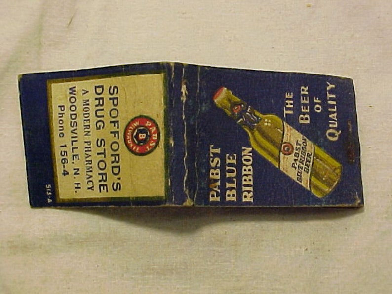 Man Cave Decor N.H. FREE SHIPPING Brewery Breweriana Matchbook Cover Spofford/'s Drug Store Woodsville c1930-40s Pabst Blue Ribbon Beer