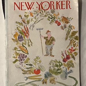 May include: The New Yorker magazine cover from August 11, 1975, features a farmer with a rake surrounded by a wreath of vegetables. The cover art is a colorful illustration with text at the top that reads "THE NEW YORKER".