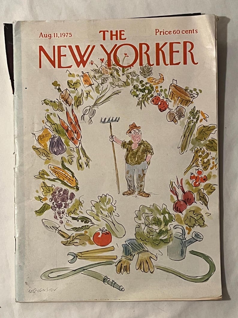 May include: The New Yorker magazine cover from August 11, 1975, features a farmer with a rake surrounded by a wreath of vegetables. The cover art is a colorful illustration with text at the top that reads "THE NEW YORKER".