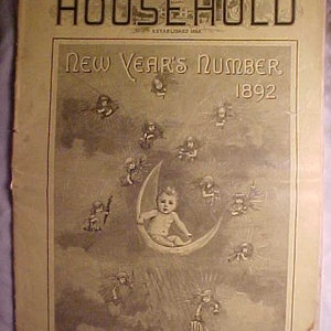 May include: A vintage magazine cover for "The Household" magazine, featuring a black and white illustration of a crescent moon with a baby angel sitting on it. The cover text reads "New Year's Number 1892".