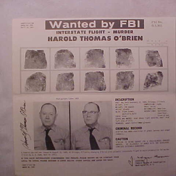 April 18, 1961 Wanted by FBI Poster Mailer of Harold Thomas O'Brien Murder Charge FBI No. 613,955 Federal Bureau of Investigation Paper