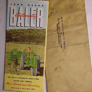 May include: A vintage John Deere Automatic Baler brochure featuring a green and yellow baler in a field. The brochure text reads "The fully automatic wire-tying baler that brings new speed and economy to every baling job."