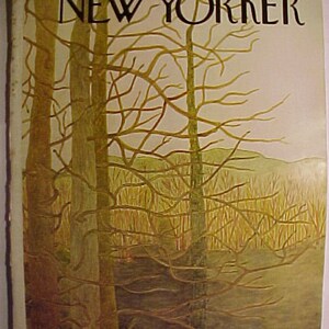 May include: The New Yorker magazine cover from March 25, 1972, featuring a landscape illustration. The artwork depicts bare trees and branches in the foreground, with a muted color palette of browns, greens, and yellows. The magazine title is at the top.