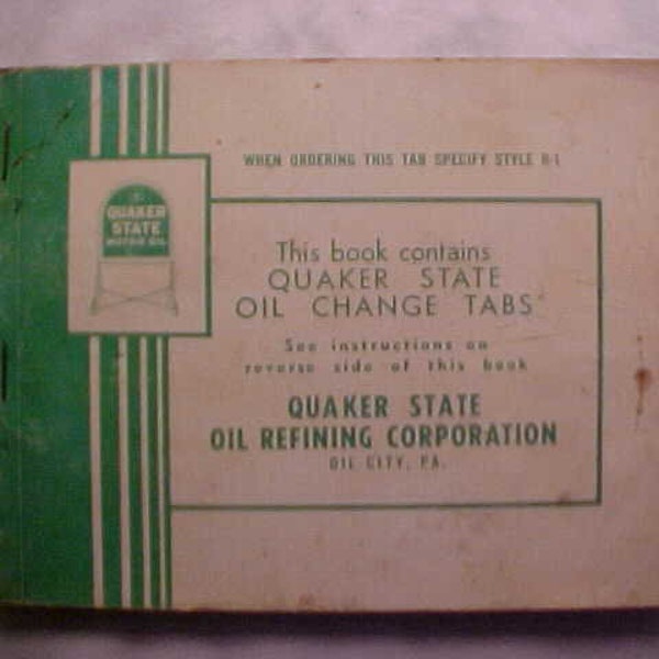 c1940-50s Quaker State Motor Oil Co. Oil Change Tabs Book Quaker State Oil Refining Corporation, Vintage Gas Station Decor Oil City, PA.