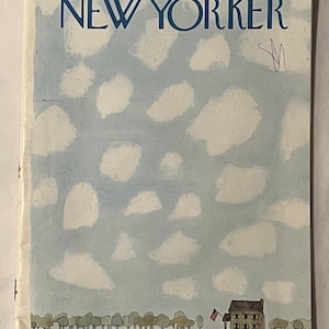 May include: The New Yorker magazine cover from July 2, 1973, features a whimsical illustration. A light blue sky is dotted with white cloud shapes. A small house with an American flag stands on a green field, with a row of trees in the foreground.