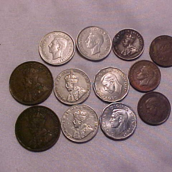 Collection of 12 Canadian Canada Coins dating from 1915 to 1944 six pennies and six nickels, Foreign Coin Collector Gift Idea