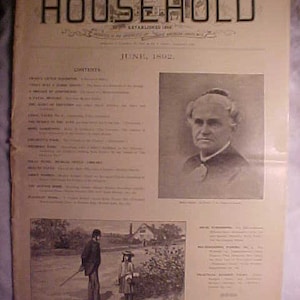 May include: A black and white magazine cover for The Household, June 1892. The cover features a portrait of a man in a dark suit and a black and white illustration of a man and a girl walking in a park.