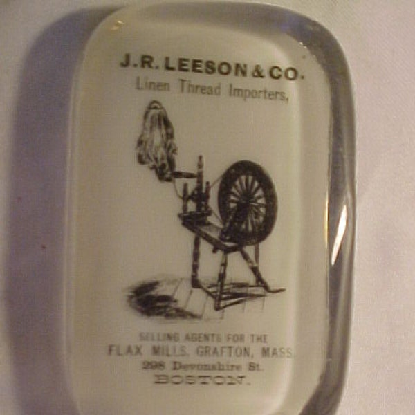 c1890s J. R. Leeson & Co. Flax Mills Grafton, Mass., Antique Victorian Glass Advertising Paper Weight, Textile History, Vintage Clothing