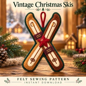 Patron de couture vintage en feutrine pour skis de Noël, ornement de skis croisés avec étoile, téléchargement PDF