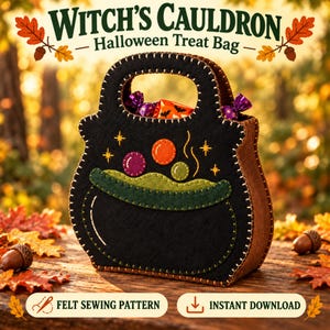 May include: A black felt treat bag shaped like a witch's cauldron with a green rim, embroidered colorful circles, and yellow star accents. The bag features visible white stitching along the edges and contains wrapped candies inside the handle opening.
