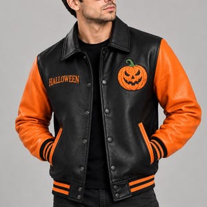 Halloween Varsity Jacket, Black and Orange Leather Bomber Jacket, Pumpkin Patch Jacket, Gothic Streetwear, Unisex Halloween Gift