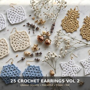 25 Crochet Earring Patterns Vol 2 PDF, Granny Square Pineapple Star Earrings, Boho Jewelry, Download