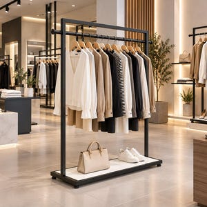 May include: A black metal clothing rack displays a row of long-sleeved shirts and cardigans in neutral tones of white, beige, and black. A beige handbag and a pair of white sneakers sit on the white base of the rack.