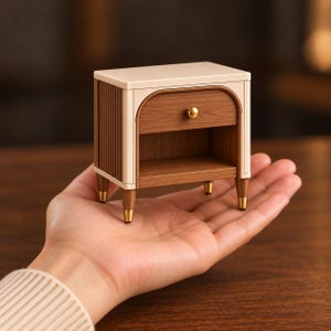 May include: A miniature bedside table featuring a cream-coloured top, a dark wood-toned drawer with a small gold-coloured knob, and an open storage shelf below. The sides have vertical slats, and the four legs are tipped with gold-coloured metal.