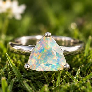 Natural Opal Trillion Ring, 925 Sterling Silver Opal Engagement Ring, Triangle Gemstone Ring, October Birthstone Jewelry, Unique Gift