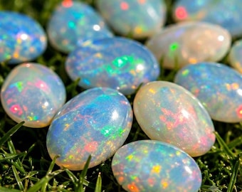 May include: A collection of smooth, oval-shaped opals featuring a translucent white base with vibrant flashes of iridescent blue, green, and pink light. Each gemstone displays a polished, rounded surface with internal color play.