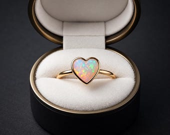 Puede incluir: Un anillo de oro con una piedra de ópalo en forma de corazón con destellos iridiscentes. El anillo se presenta dentro de un joyero redondo de color negro con un forro de terciopelo blanco, resaltando el juego de colores de la piedra.