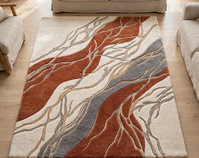 Featured listing image: Abstract Rust and Ivory Wool Rug, Hand Tufted Branch Design Living Room Area Rug