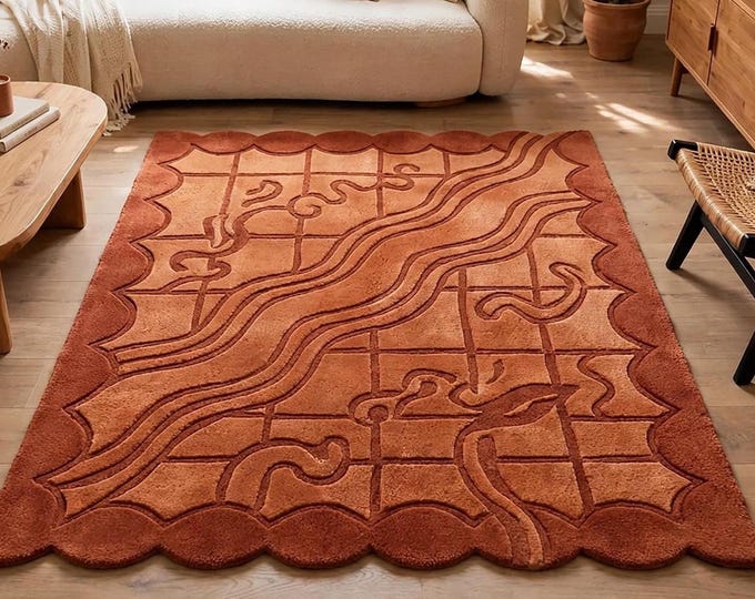 Featured listing image: Terracotta Wavy Scalloped Wool Rug, Hand Tufted Abstract 70s Retro Grid Living Room Rug