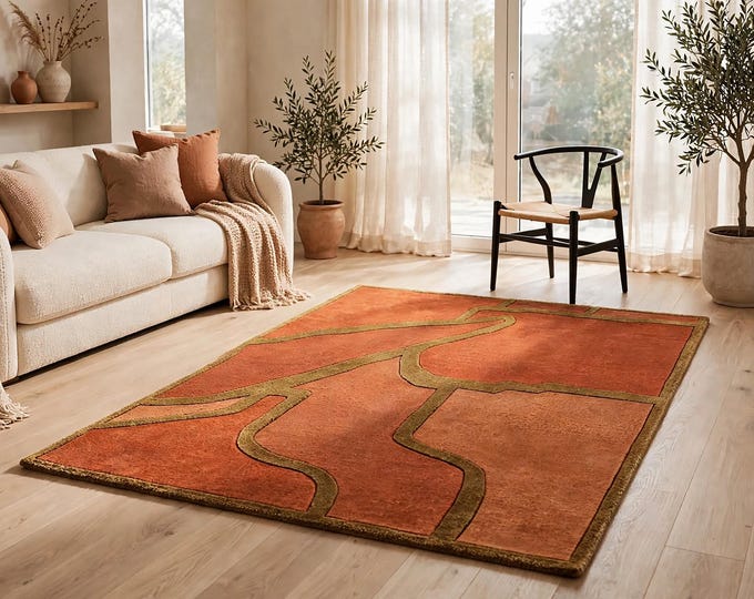 Featured listing image: Hand Tufted Terracotta Wool Rug, Abstract Olive Green Lines Area Rug for Living Room