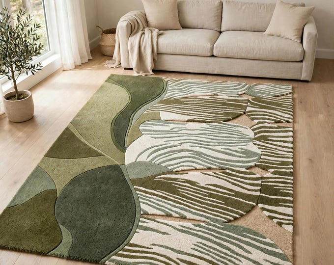 Featured listing image: Olive Green Wavy Striped Area Rug, Hand Tufted Abstract Sage Ivory Wool Rug
