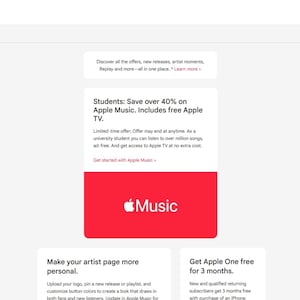 Può includere: Un'interfaccia di pagina web bianca per Apple Music con un blocco rettangolare rosso centrale che mostra il logo bianco di Apple Music. Il testo include 'Students: Save over 40% on Apple Music. Includes free Apple TV.' e altre informazioni.