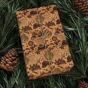 May include: A rectangular gift wrapped in brown paper featuring a repeating pattern of owls, trains, castles, and the text Daily Prophet Holiday Season Hogwarts, tied with thin twine and surrounded by green pine needles and pinecones.