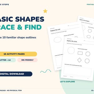 Puede incluir: Un conjunto de páginas de actividades de aprendizaje imprimibles tituladas Basic Shapes Trace & Find. El documento presenta contornos de formas en blanco y negro como círculos, óvalos y hexágonos en papel blanco, con texto que incluye 10 Activity Pages.
