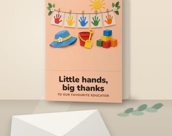 Tarjeta de agradecimiento para educadores "Manos Pequeñas", tarjeta de agradecimiento para maestros de guardería, imprimible de 7x5 pulgadas, descarga instantánea.