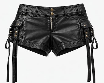 Genuine Leather Cargo Shorts, Black Y2K Gothic Micro Biker Shorts with long Straps