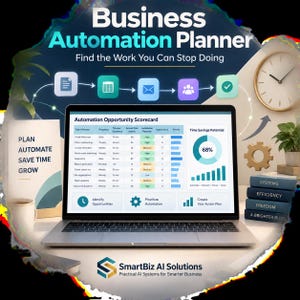 Puede incluir: Un portátil muestra una tarjeta de puntuación de automatización con una tabla de tareas, un gráfico de ahorro de tiempo del 68% e iconos. El texto incluye Business Automation Planner y SmartBiz AI Solutions.