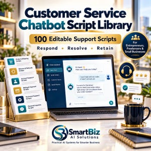 May include: A digital product titled Customer Service Chatbot Script Library featuring 100 editable support scripts. The display includes a laptop showing a chat interface, a gold stand with categorised script cards, and the SmartBiz AI Solutions logo.