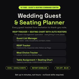 Könnte beinhalten: Ein digitaler Hochzeitsplaner für Gäste und Sitzordnungen mit 10 Registerkarten. Die schwarze Benutzeroberfläche enthält lindgrünen Text, der Funktionen wie Gästelistenverwaltung, RSVP-Tracker und Sitzplan-Tools hervorhebt.