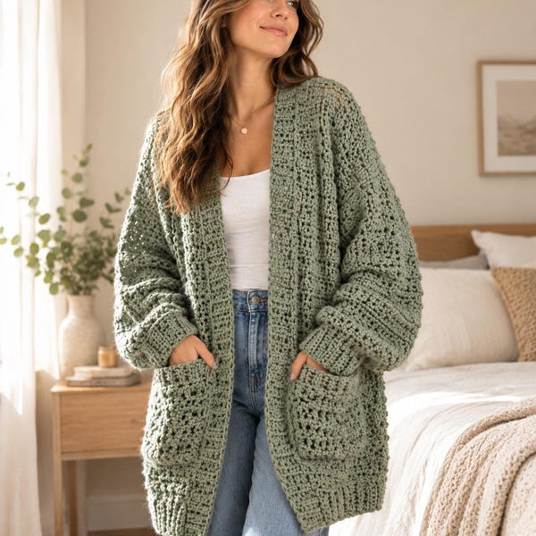 Everyday Ragg Crochet Cardigan Pattern, Oversized Cardigan PDF, XS-5X, Video Tutorial