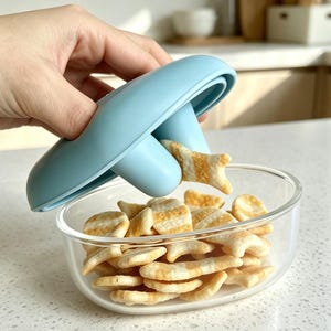 May include: A light blue silicone lid with a rounded, smooth top and two downward-facing cylindrical protrusions, one of which holds a small, beige, fish-shaped cracker, positioned above a clear glass bowl filled with similar fish-shaped crackers.