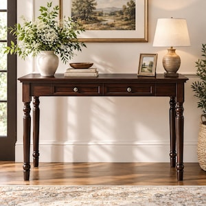 May include: A dark brown wooden console table featuring two drawers with silver knobs and four turned legs. The table surface holds a white vase with greenery, a wooden bowl on books, a small framed picture, and a table lamp.