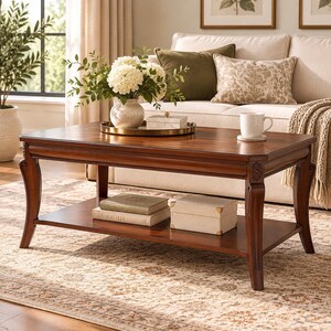 Traditional Rectangular Coffee Table with Ornate Carved Legs and Lower Storage Shelf