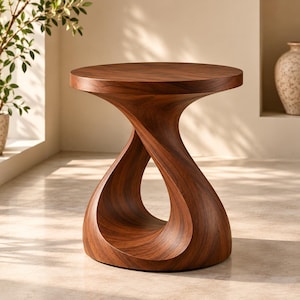 May include: A round side table crafted from dark brown wood with a smooth, polished finish. The table features a distinctive, continuous twisted hourglass-shaped base that connects the circular top to the circular base.