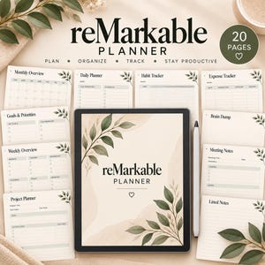 May include: A digital reMarkable planner set featuring 20 pages with a botanical theme. The collection includes templates for monthly, weekly, and daily planning, habit and expense tracking, meeting notes, and project management with a stylus.