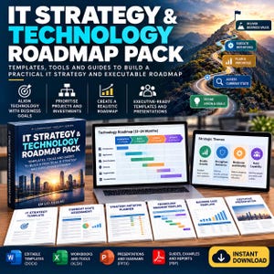 May include: An IT Strategy and Technology Roadmap Pack featuring a book, a laptop displaying a roadmap, a tablet showing strategic themes, and six printed templates including IT Strategy, Assessment, Planner, and Executive Presentation.