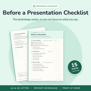 Puede incluir: Una lista de verificación imprimible titulada Before a Presentation Checklist con el subtítulo The technology works, so you can focus on what you say. El documento incluye secciones para A few days before, The day before y Before you start.