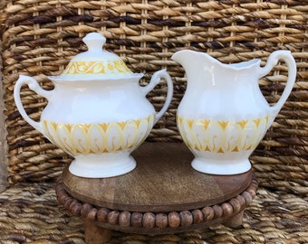 J & G Meakin England Sugar and Creamer Classic White Yellow Floral Medici Pattern Set of 2