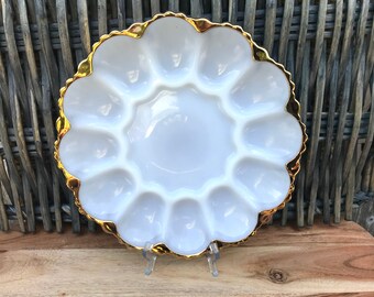 Anchor Hocking Fire King Milk Glass 22K Gold Trim Oyster or Deviled Egg Platter Dish 1950’s