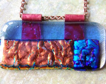 Dichroic Glass Fused Glass Pendant Necklace 24 Inch Copper Chain Handmade Copper Bail