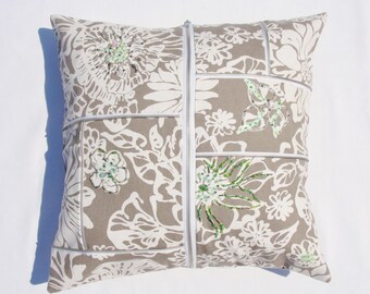 Gray Mint Green Zipper Crazy Decorative Pillow Cover 19 inch square Beaded Floral White Gray Home Dec Fabric