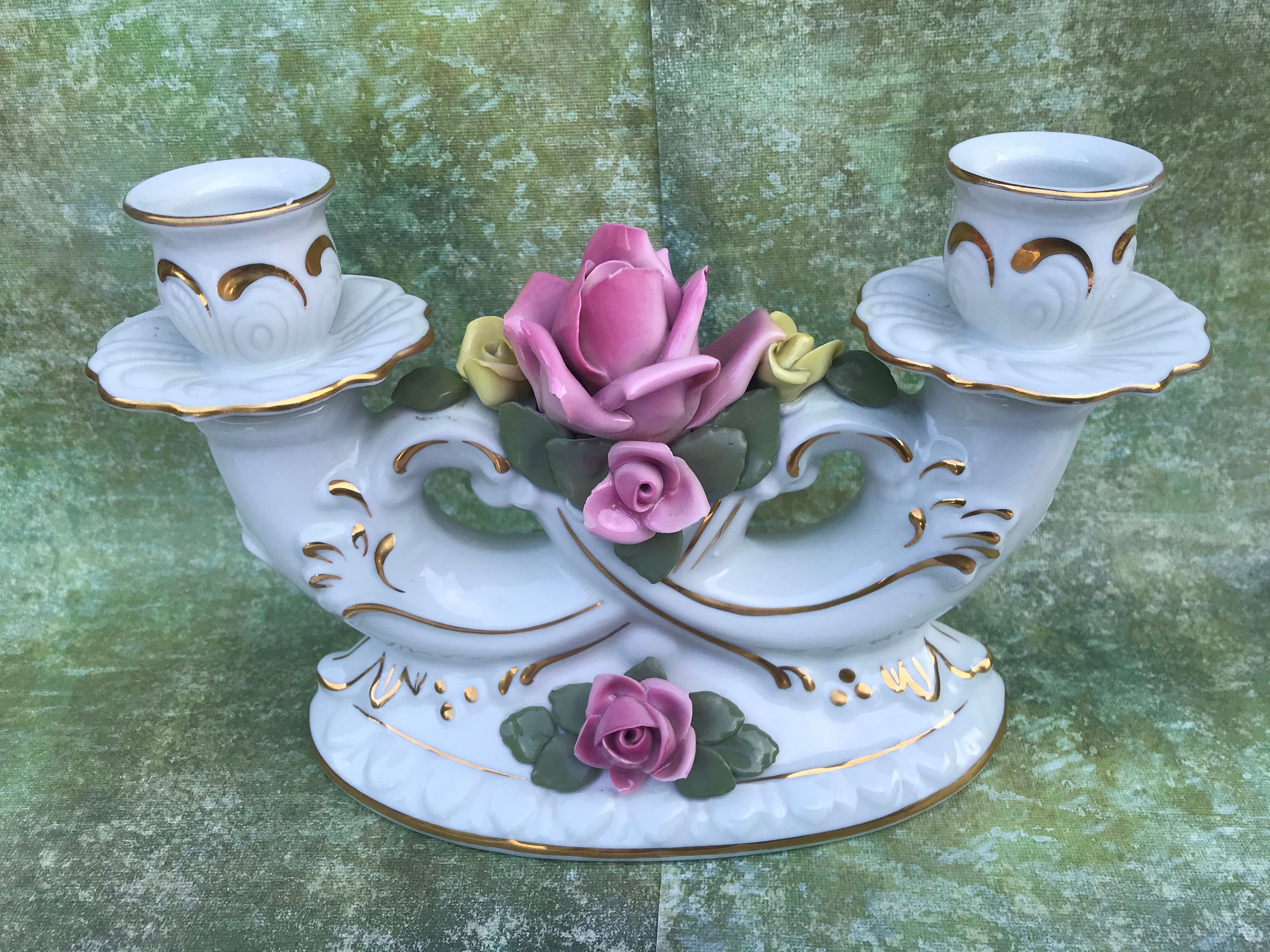 Antique Dresden Porcelain Double Candle Holder Candelabra Gold Etsy